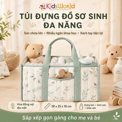 Túi đựng bỉm sữa đa năng nhiều ngăn KidsWorld Phong cách Hàn Quốc, Đựng đồ đi sinh cho Mẹ Tiện lợi