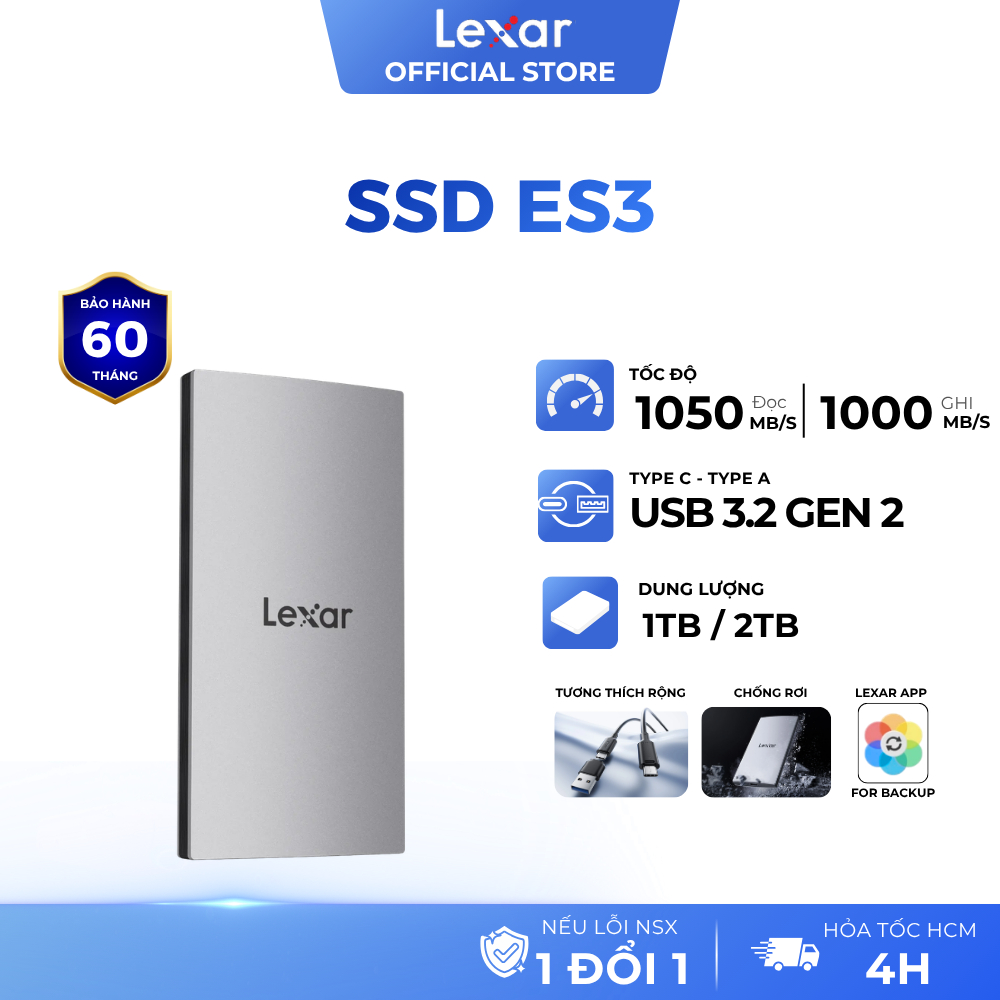 SSD Di Động Lexar ES3 1TB/2TB USB 3.2 Gen 2 Tốc Độ 1050MB/s - Bảo hành 36 tháng
