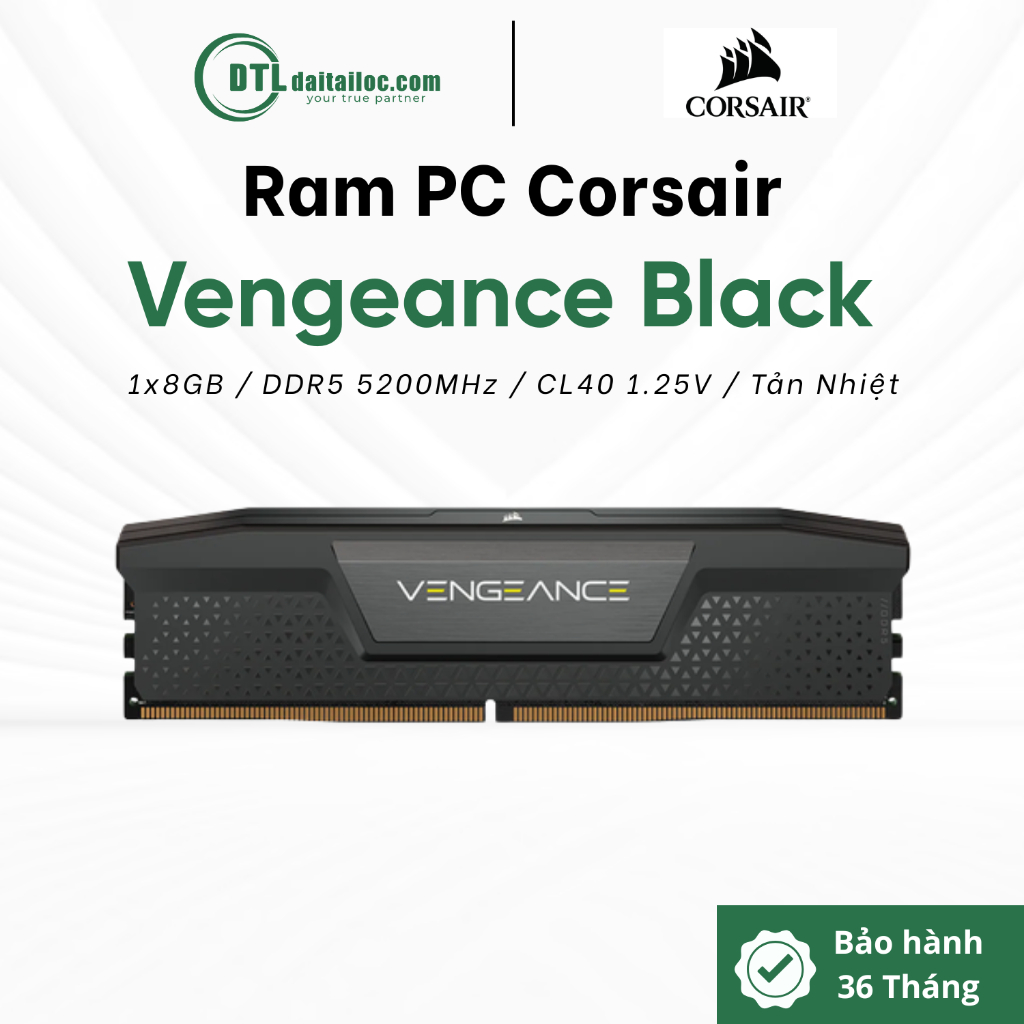 RAM PC Corsair Vengeance Black 8GB DDR5 5200MHz CL40 Tản Nhiệt (CMK8GX5M1B5200C40) | Chính Hãng | Bả
