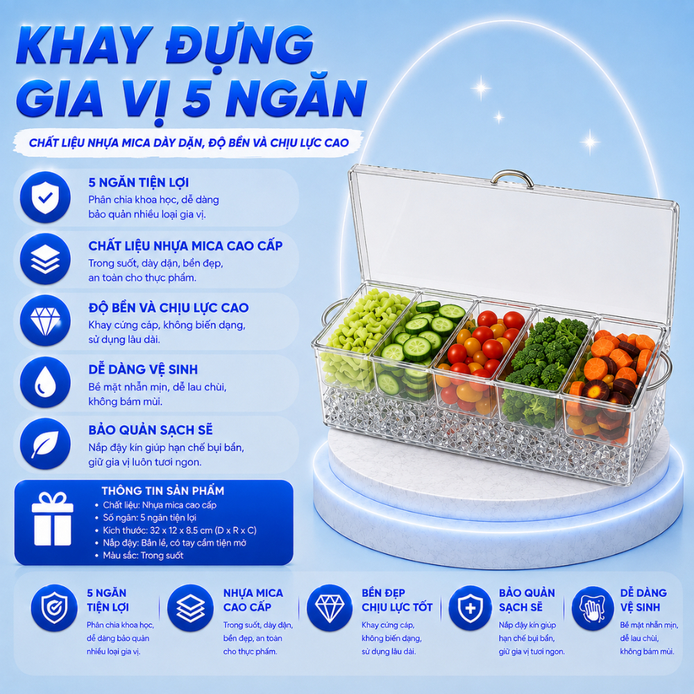 Khay đựng topping, khay đựng gia vị 4-5 ngăn, có ngăn ướp đá lạnh bên dưới, khay đựng thực phẩm chất