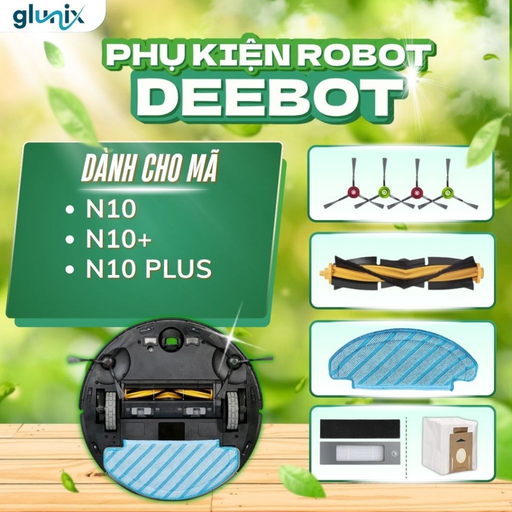 Phụ kiện Glunix cho robot hút bụi Deebot N10, N10 Plus - chổi chính, chổi cạnh, khăn lau, màng lọc, 