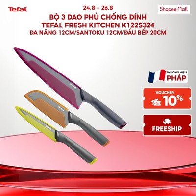 Bộ 3 dao phủ chống dính Tefal Fresh Kitchen K122S324, đa năng 12cm/Santoku 12cm/đầu bếp 20cm