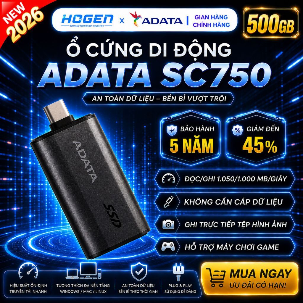 [ADATA] Ổ cứng di động SSD SC750 USB 3.2 Gen2 1050MBs 500GB – Lưu trữ linh hoạt, Hỗ trợ từ Iphone 15