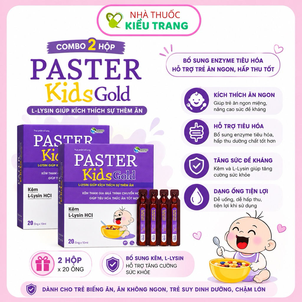 [Combo 2 HỘP] Paster Kids Gold - Siro ăn ngon, Tăng cường sức đề kháng