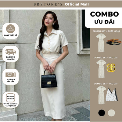 BBSTORE’S Set Công Sở Nữ Áo Sơ Mi Tay Ngắn Phối Chân Váy Suông Dài Xẻ Tà Sau Thanh Lịch - K3265