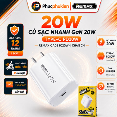 Remax CA08 - Củ sạc GaN 20w cổng Type C sạc nhanh PD 20w cho 14 pro max trở xuống - Phúc Phụ Kiện