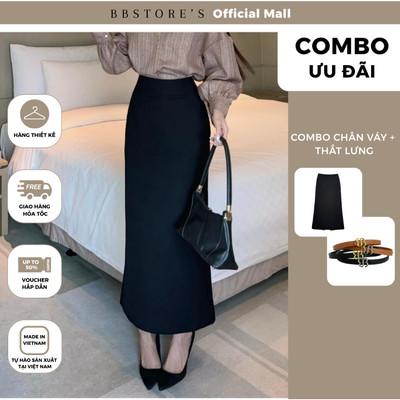 BBSTORE'S Chân Váy Suông Công Sở Nữ Form Dài Lưng Cao Xẻ Tà Sau Cotton Basic Thanh Lịch - V3609
