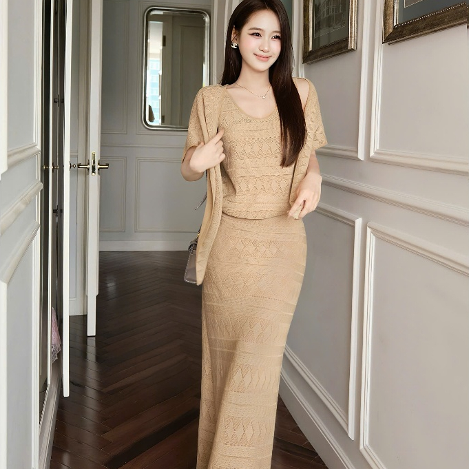 Set áo và chân váy dáng dài thun dệt họa tiết kèm khăn choàng phong cách thanh lịch KS712