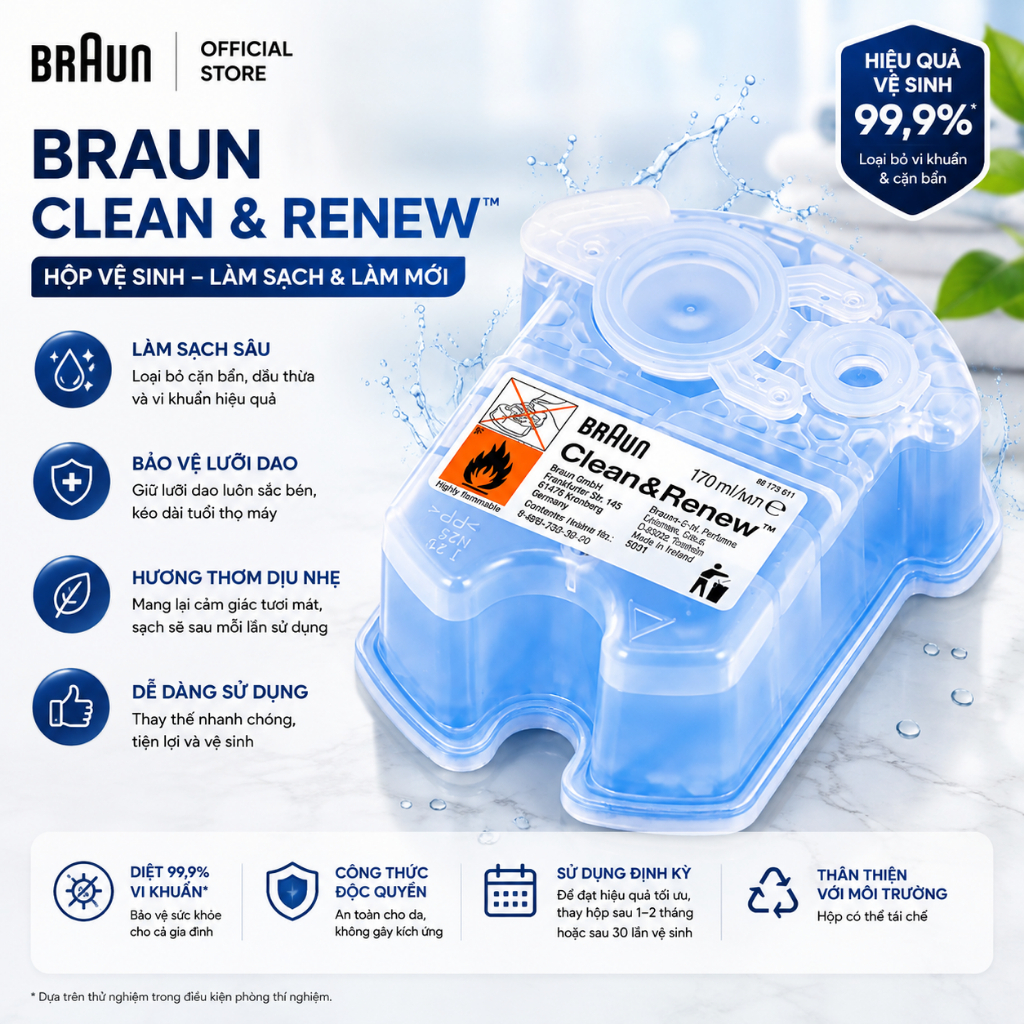 Hộp Nước Rửa Vệ Sinh Cho Máy Cạo Râu Braun, Braun Clean Renew Cartridges, Hàng Chính Hãng, giadungnh