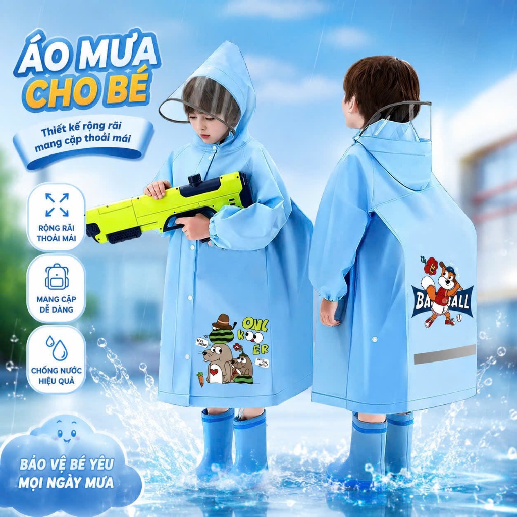 Áo Mưa Trẻ Em 4-13 Tuổi Cao Cấp | Có Tấm Chắn | Đeo Balo Gọn Gàng | Cúc Bấm, Không Khóa Kéo