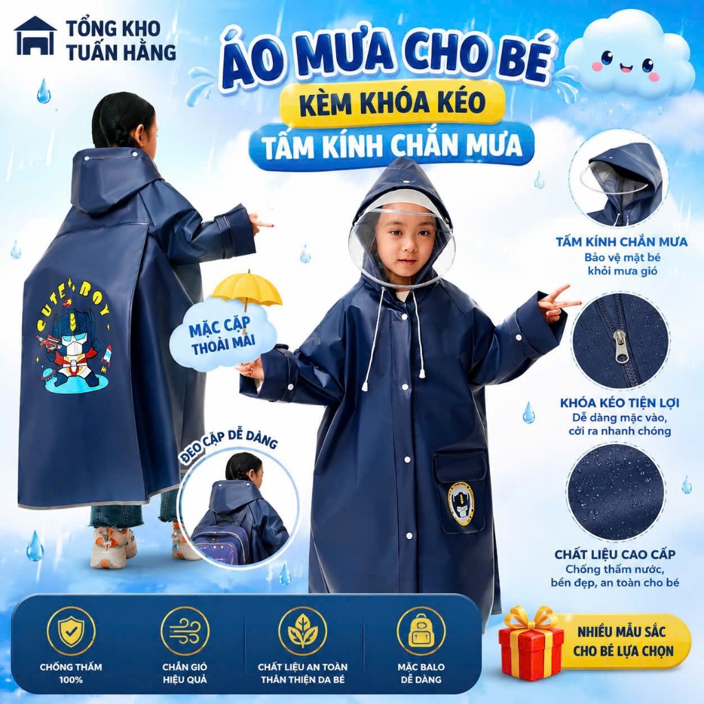 Áo Mưa Trẻ Em EVA Có Khóa Kéo | Kính Chắn Mưa Tháo Rời, Ngăn Đựng Cặp Tiện Lợi, Chống Thấm Nhẹ Bền