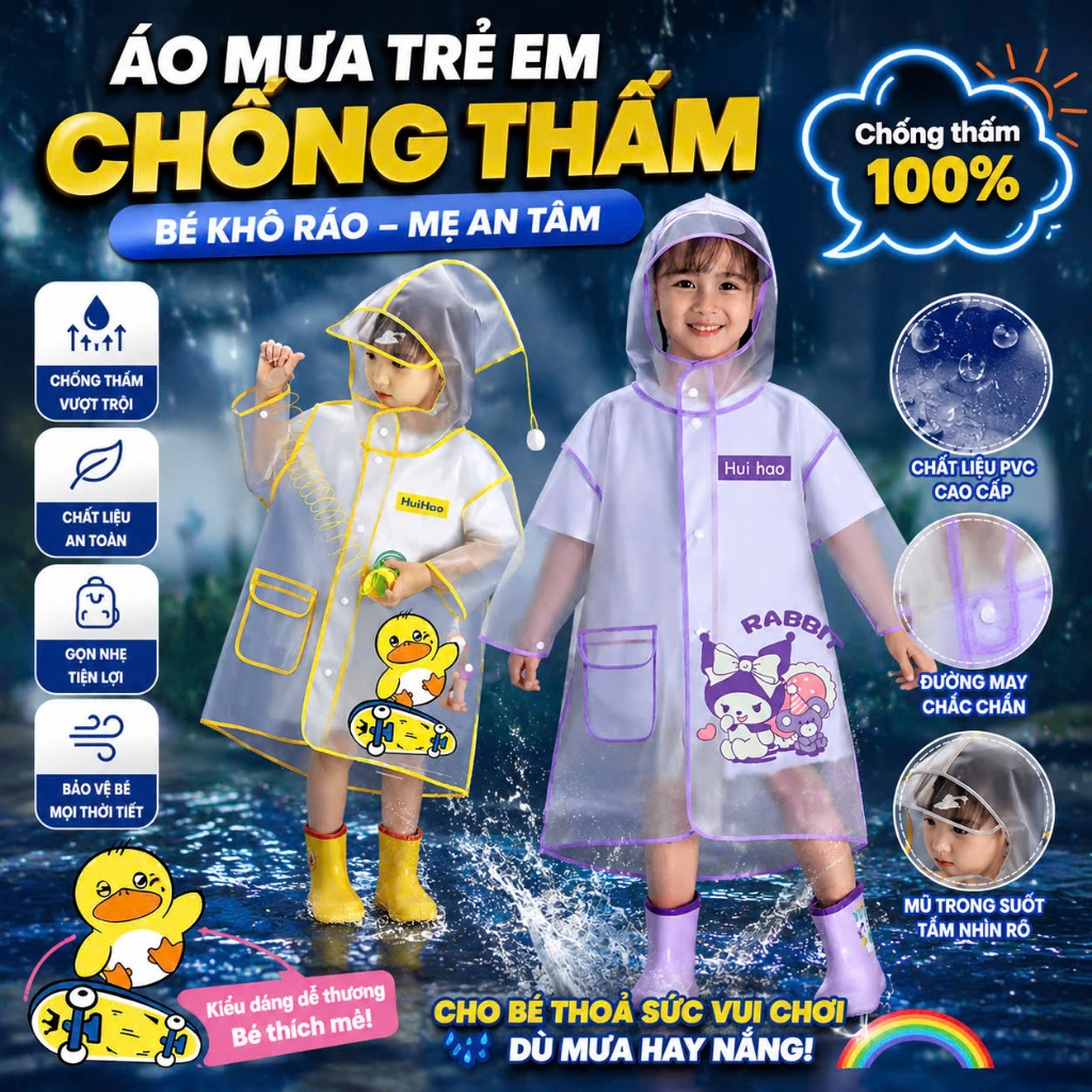 Áo Mưa Cho Bé Chống Thấm Dễ Thương | Áo Mưa Trẻ Em Tiện Lợi Đi Học, Che Mưa Tốt, Thoải Mái Cho Bé
