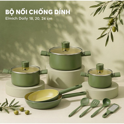 Bộ nồi chảo chống dính Elmich Daily size 18,20,24 chảo 20, 26cm ( Kèm bộ dụng cụ )