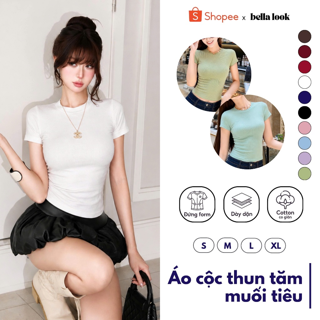 Áo thun nữ cổ tròn chất thun gân tăm,Áo thun nữ form ôm Babytee,áo thun body thắt eo BELLA LOOK -415