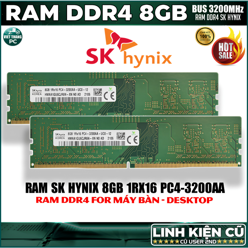 Ram Máy Tính SK hynix 8GB DDR4 3200MHz Zin chuẩn xịn Cũ đã qua sử dụng đẹp như mới ( Cũ - LikeNew )