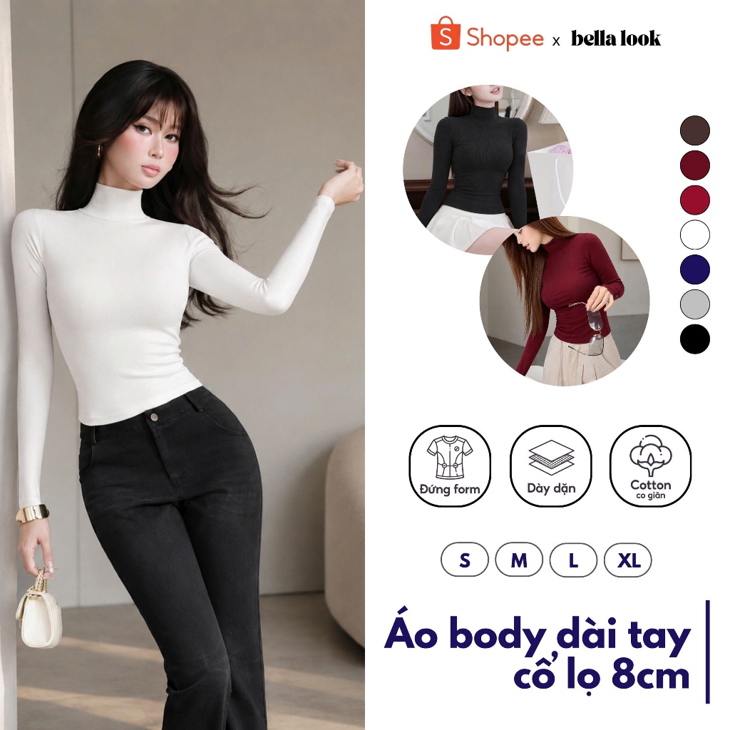 Áo dài tay cổ lọ 8p, ủ trắng, áo dài tay giữ nhiệt cao 8cm co giãn chất cotton lông mịn dày dặn bell