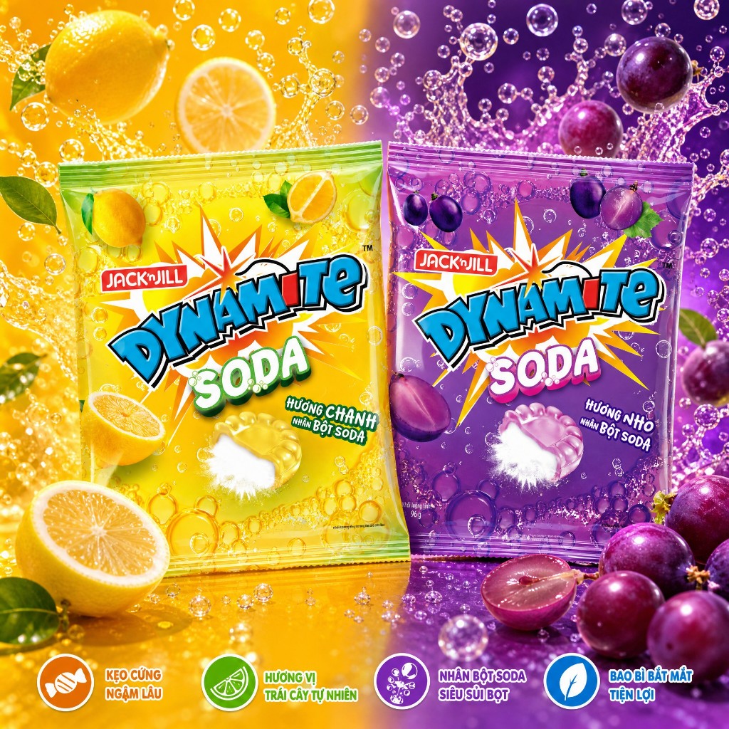 Kẹo Cứng Dynamite Soda - Kẹo Ngậm Trái Cây Vị Nho / Chanh 96g