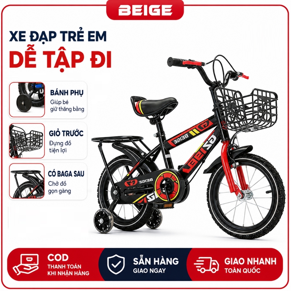 xe đạp trẻ em Beige,Xe đạp trẻ em trai 6-15 tuổi, có bánh phụ tháo rời và giỏ xe