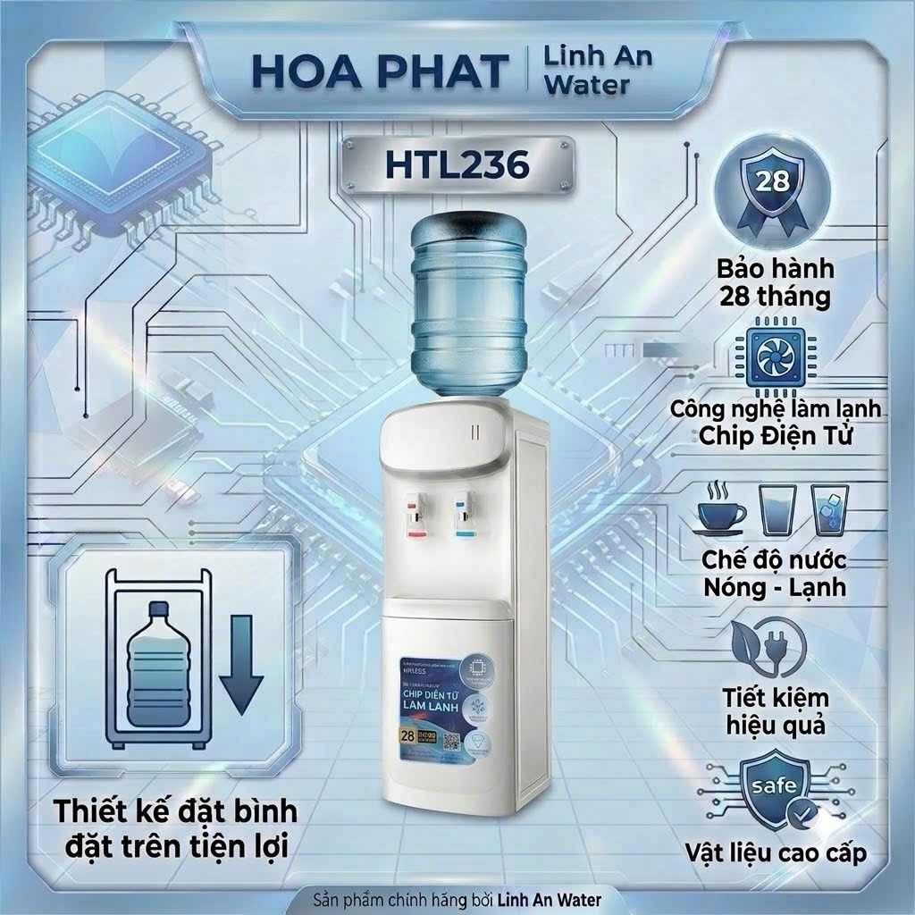 Cây nước nóng lạnh úp bình Hòa Phát HTL236, 2 chế độ nước nóng lạnh, làm lạnh chíp điện tử. Bảo hành