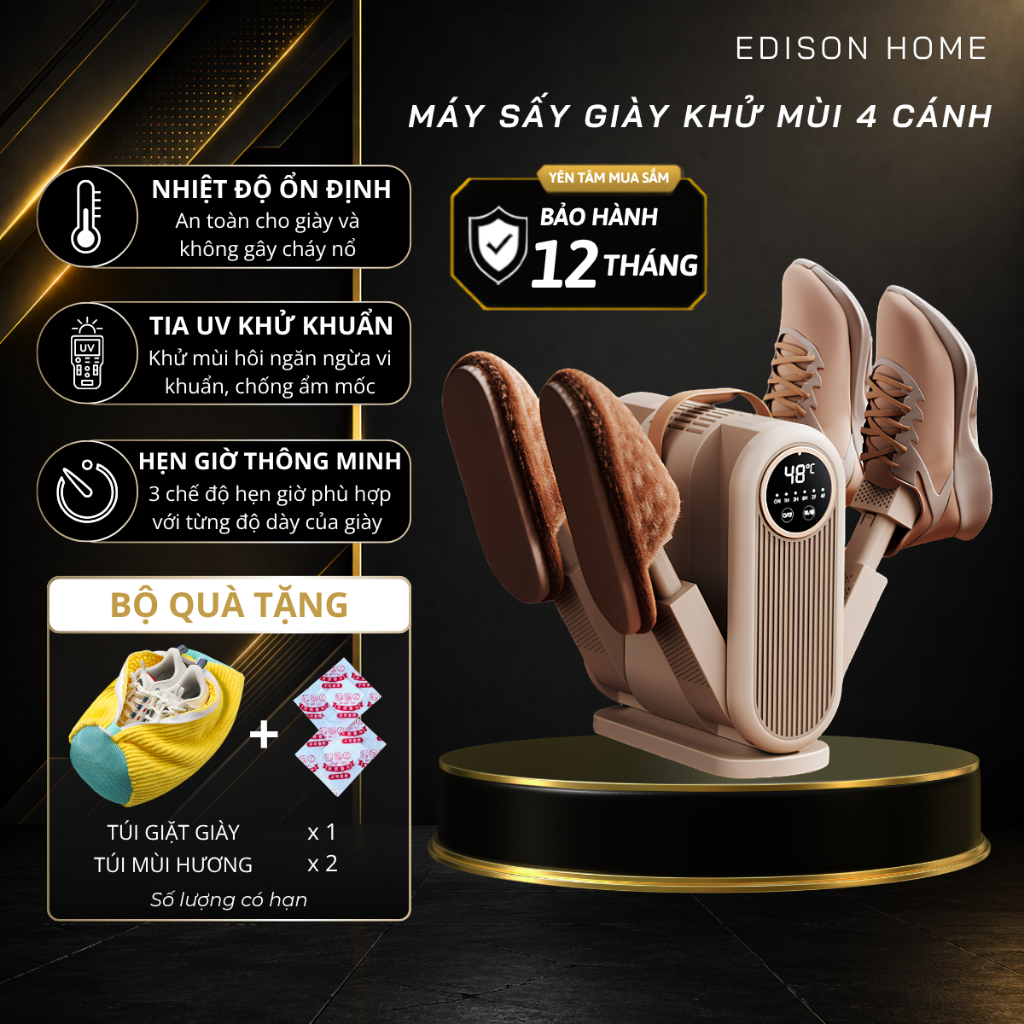 Máy Sấy Giày Dép Khử Mùi Đa Năng Edison Home 4 Cánh Tia UV Kháng Khuẩn Cao Cấp Làm Khô Nhanh