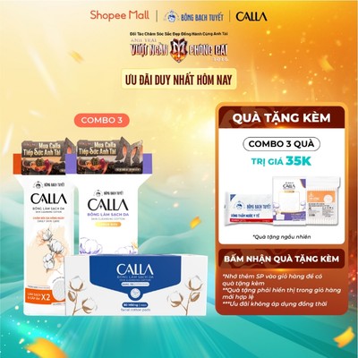 Bộ 3 Bông Tẩy trang Bông Bạch Tuyết làm sạch da Calla Velvet Soft 100M/gói, Xỏ Ngón 80 miếng/hộp, tròn 3D 120 miếng/gói