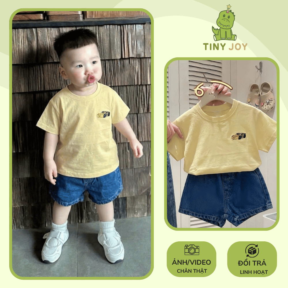 Set áo thun cotton phối quần short jean cho bé, bộ đồ basic năng động mặc đi chơi mùa hè - B303 - Ti