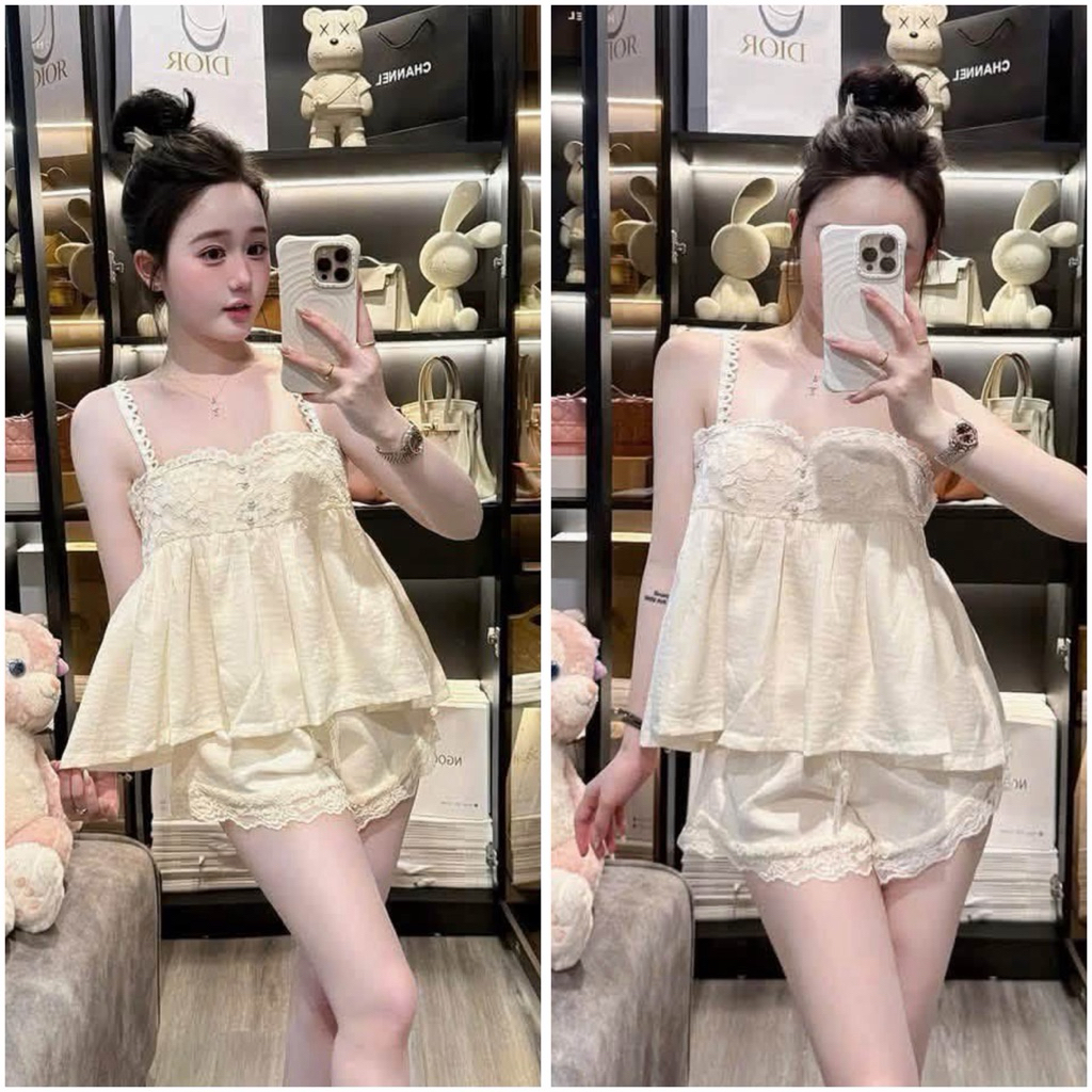 Bộ đồ ngủ mặc nhà quần ngắn 2 dây bánh bèo vải thô kem Quảng Châu Cao Cấp