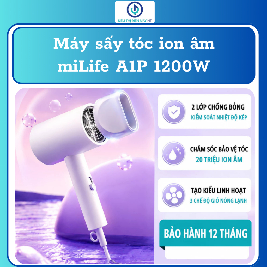 Máy sấy tóc ion âm miLife A1P - Công suất 800w, Ánh sáng xanh bảo vệ tóc - Hàng chính hãng - Bảo hàn