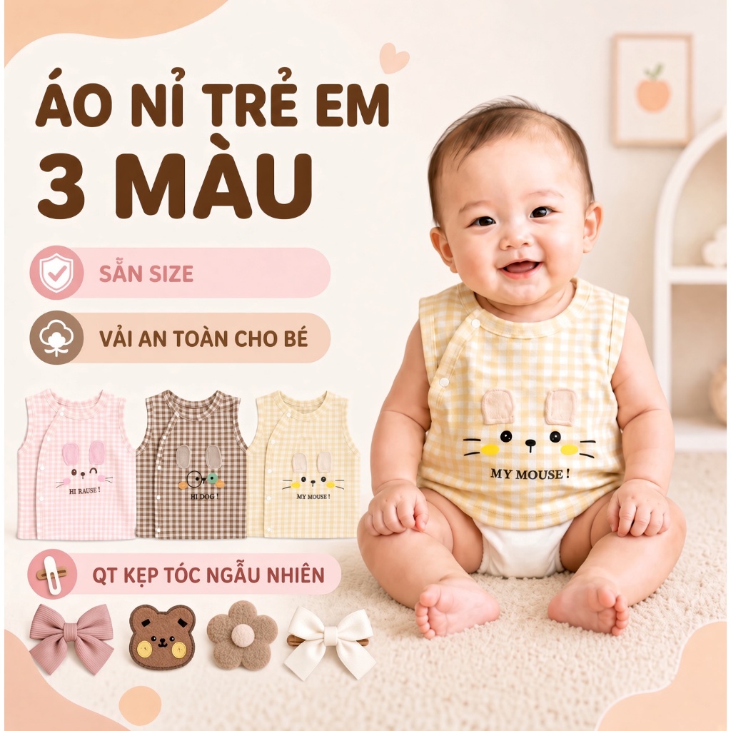 Áo Cộc Tay Bé Gái Bé Trai Lông thỏ 0-9 tháng Cúc Bấm Lệch, Mềm Mại Áo Thu Đông Cho bé