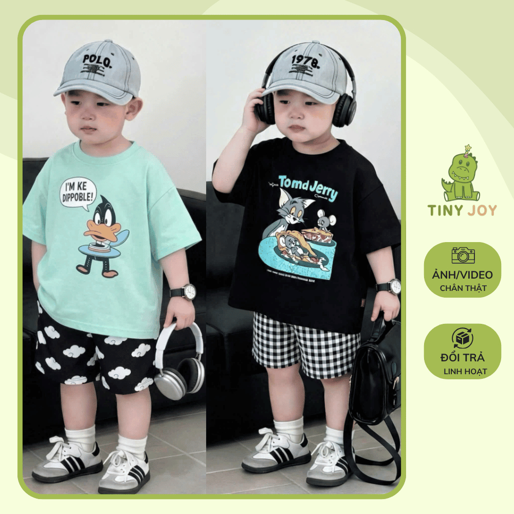 Set 2 bộ áo thun cotton phối quần short họa tiết cho bé, bộ đồ cộc tay năng động cho bé - B305 - Tin