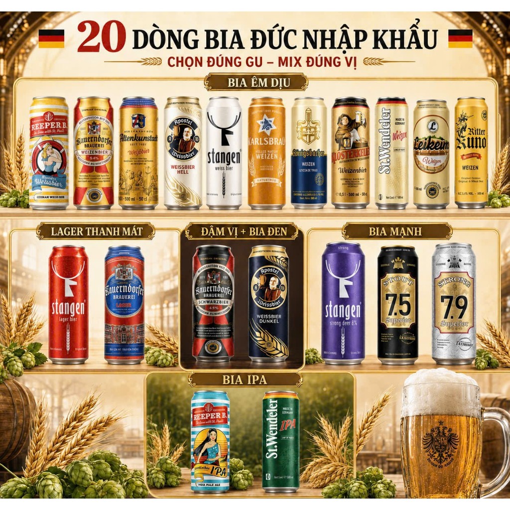 Combo 20 LON BIA ĐỨC 500 ml  khác nhau - 20 dòng bia ĐỨC - NHẬP KHẨU