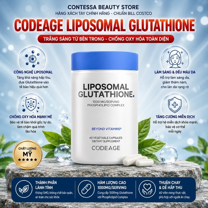 [XTAY] Codeage Viên uống làm sáng da giảm nám Codeage Liposomal Glutathione 1000mg60 viên