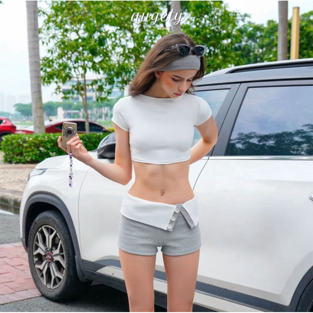 PASS Quần Short Ngắn Cạp Trễ Gập Eo Có Nút Augety Studio, HERA Short