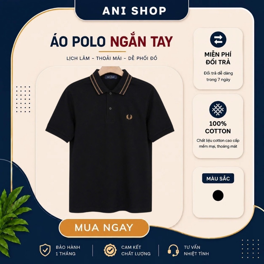 Áo Polo Fred Perry Đen Cổ Sọc Cam Chính Hãng – Áo Nam Cao Cấp Form Ôm Co Giãn 4 Chiều | Anishop