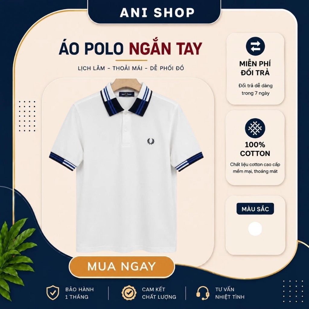 Áo Polo Fred Perry Trắng Cổ Sọc Xanh Chính Hãng – Áo Nam Cao Cấp Form Ôm Co Giãn 4 Chiều | Anishop