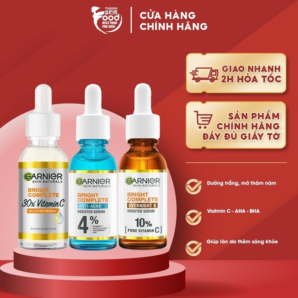 Serum Garnier Giảm Mụn Mờ Thâm Cho Da Dầu, Mụn 30ml Bright Anti-Acne Booster Serum - Cosme