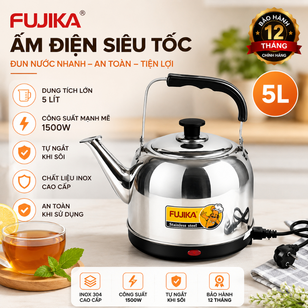 Ấm đun nước siêu tốc Fujika/ Nkmedia inox 5 lít tự ngắt khi nước sôi - Bảo hành 12 tháng