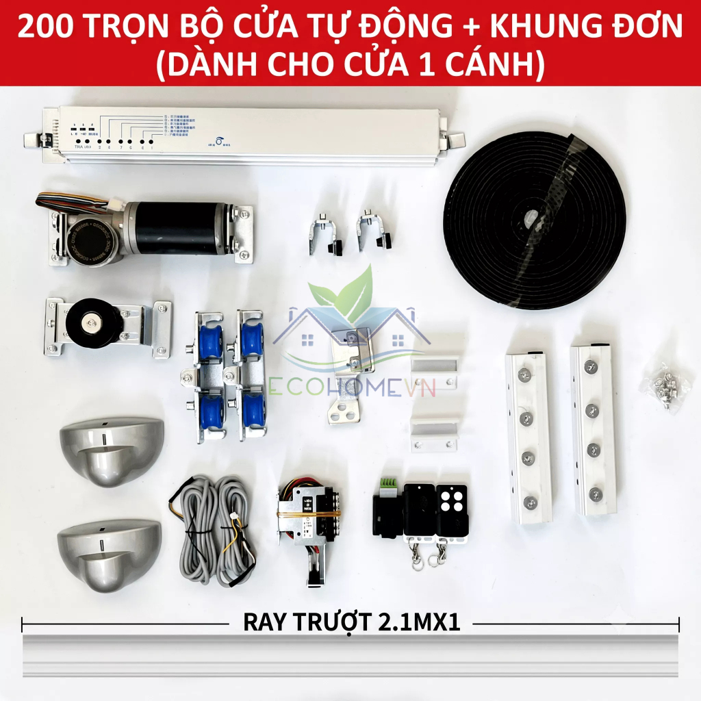 Bộ Cửa Kính Tự Động Trượt Đóng Mở Thông Minh Model 200 Động Cơ Không Chổi Than Kèm Ray & Cảm Biến Cao Cấp