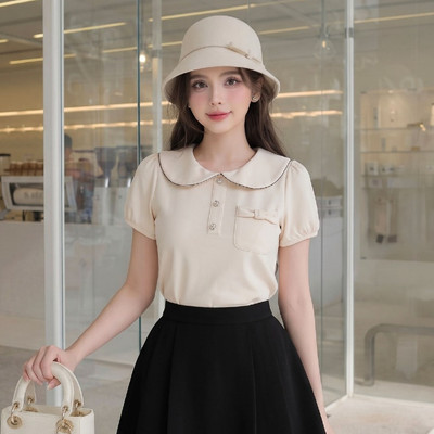 Áo thun nữ Twentyfive dáng ôm cổ sen tay bồng túi đính nơ nữ tính tiểu thư AM65