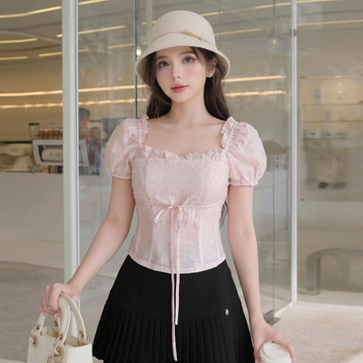 Áo kiểu nữ Twentyfive tay bồng ngắn dáng ôm chun lưng co dãn họa tiết chấm bi hồng tiểu thư AL70