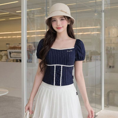 Áo kiểu nữ Twentyfive cổ vuông tay bồng dáng ôm lưng chun co dãn, họa tiết kẻ sọc thanh lịch AH165