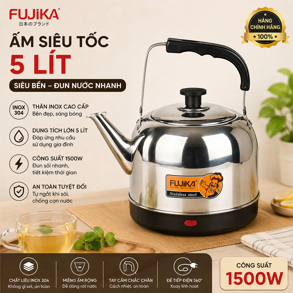 Ấm siêu tốc Fujika/ Nkmedia 5 lít công suất 1500W thân Inox - Hàng chính hãng