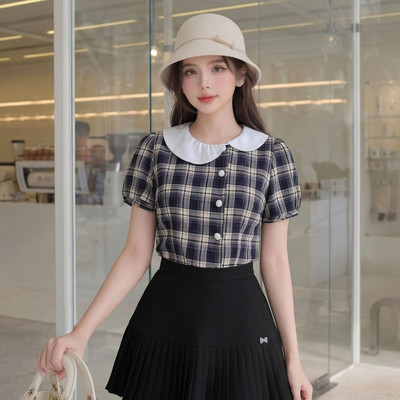 Áo kiểu nữ Twentyfive tay bồng ngắn cổ sen lệch họa tiết kẻ caro trẻ trung AM69