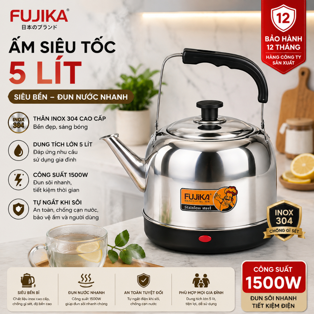 Ấm điện đun nước siêu tốc 5L Fujika/ NKmedia tự ngắt khi sôi hàng công ty sản xuất bảo hành 12 tháng