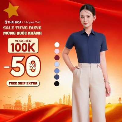 Áo sơ mi nữ 246 ngắn tay sợi cotton phối poly vải trơn cao cấp nẹp khuy chiết ly eo Thái Hòa