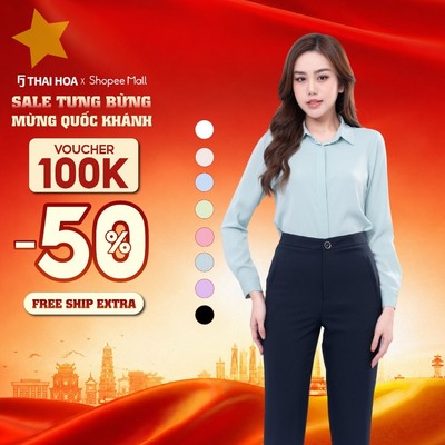 Áo sơ mi nữ R17 thiết kế dài tay sợi sen trơn form suông công sở Thái Hòa