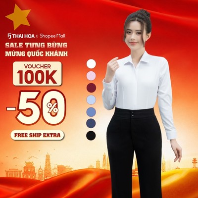 Áo sơ mi nữ 216 dài tay sợi cotton phối poly vải trơn cao cấp nẹp khuy giấu cúc Thái Hòa