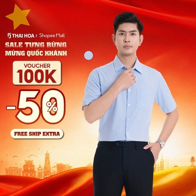Áo sơ mi nam ngắn tay 987 chất liệu cotton kẻ sọc xanh dáng suông đơn giản Thái Hòa