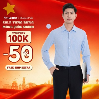 Áo sơ mi nam dài tay 986 chất liệu cotton kẻ sọc xanh dáng suông đơn giản Thái Hòa