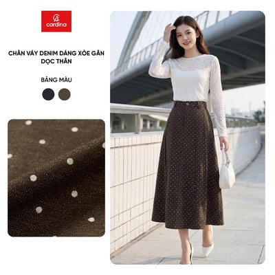 Chân váy nữ CARDINA chất liệu denim chấm bi dáng xòe gân dọc thân 6CVX13